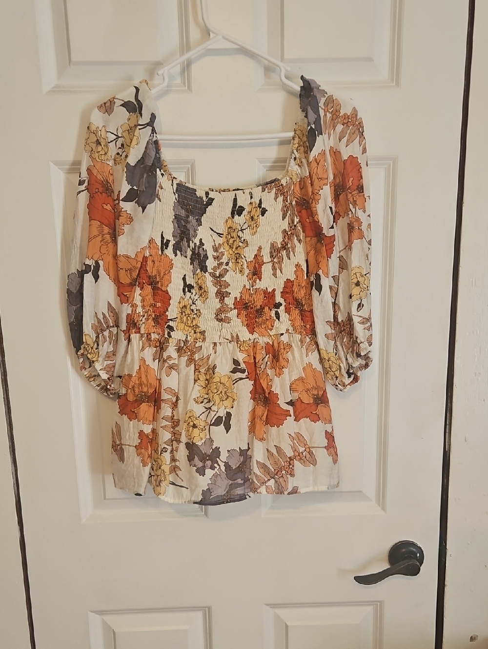 Hayden White Floral Smocked Square-Neck Top with Orange & Yellow Blooms